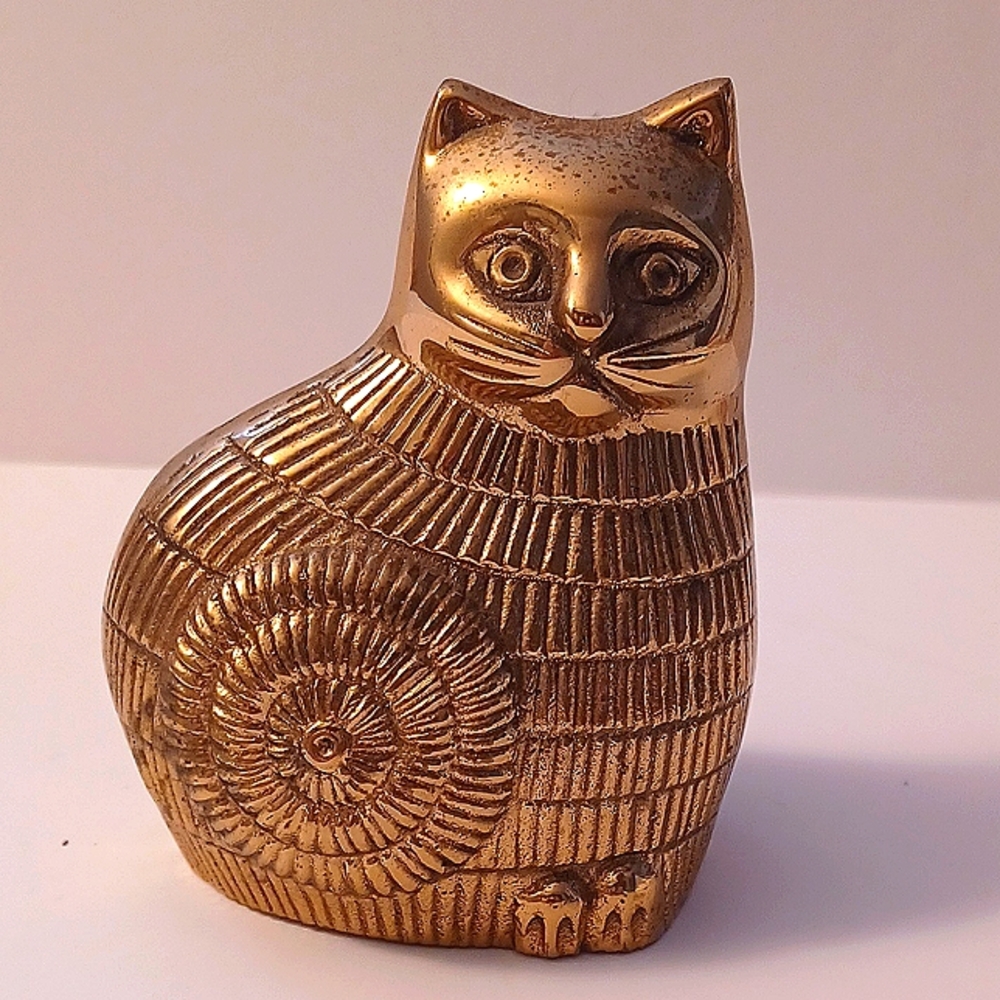 Cat Paperweight Vintage Etched Brass